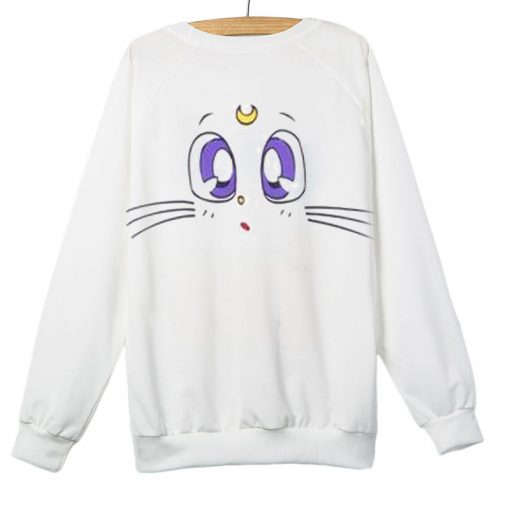 Cute Cat Cartoon Moon White Sweatshirt