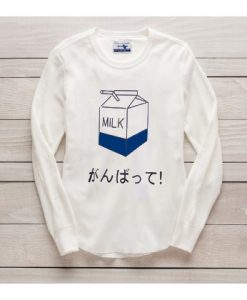 White Milk Print long sleve whiteT-shirt