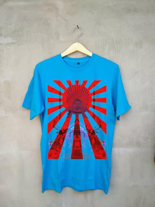 Japan Samurai Spirit Rising Sun Flag Graphic Retro Design Blue T Shirt