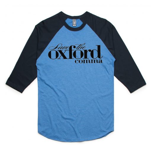 Oxford Comma blue black sleeves raglan t shirts